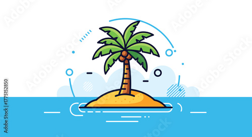 Simple cartoon illustration of a tropical island with a vibrant palm tree and coconuts, surrounded by clear blue water and abstract clouds.