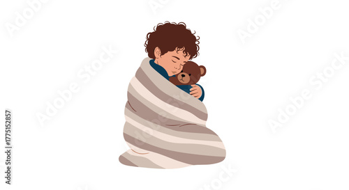 A sweet child with curly brown hair snuggled in a warm striped blanket, embracing a teddy bear with closed eyes, feeling safe.