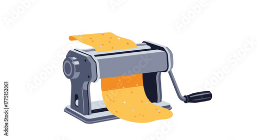 A manual pasta maker is shown preparing fresh pasta dough, flattening it into a long sheet, ready for cutting into noodles.
