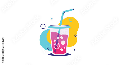 Refreshing pink summer drink with ice and lemon in a cup with a straw, surrounded by colorful abstract elements.