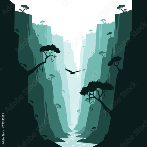 A majestic eagle flies through a breathtaking, deep canyon with a winding river below, rendered in a striking minimalist illustration style.