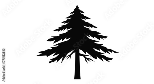 A stark black silhouette of a traditional evergreen pine tree stands prominently against a clean white background, ideal for winter or nature-themed designs.