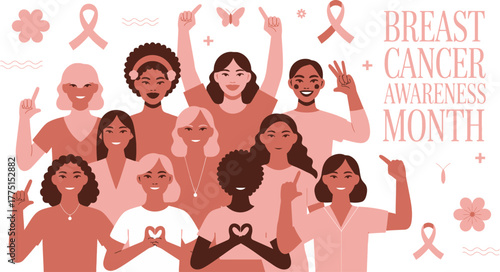 Illustrated Group of Women Supporting Breast Cancer Awareness Month with Ribbons and Pink Flowers