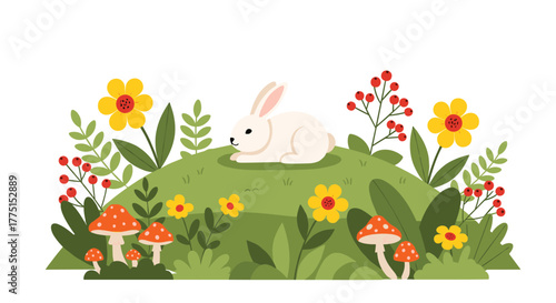 A charming white rabbit rests on a vibrant green hill, surrounded by cheerful yellow flowers, bright red berries, and whimsical spotted mushrooms.
