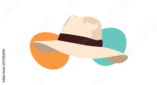 Cream-colored summer hat with a dark band floating against a white background, accented by abstract orange and teal shapes.