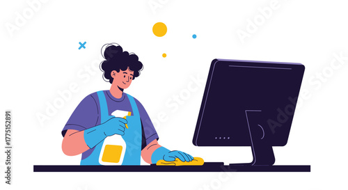 A cheerful cleaner meticulously wipes down a computer monitor and desk, ensuring a spotless and hygienic workspace.