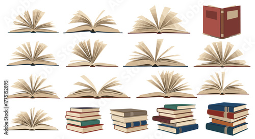 Vector illustrations depicting books, including open books with fanned pages, a standing closed book, and various stacks, symbolizing education and knowledge.