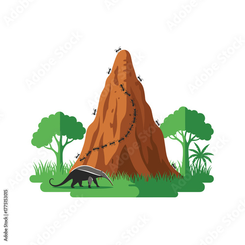 A giant anteater approaches a bustling termite mound in a vibrant natural habitat, with worker ants diligently moving across its surface.