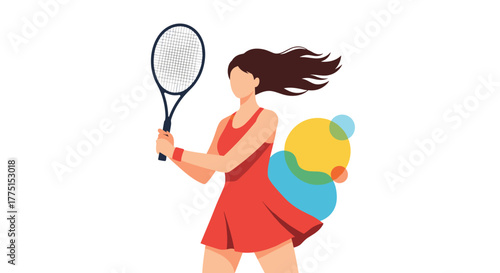 Dynamic flat vector illustration of a woman in a red tennis dress holding a racket, with her hair flowing and abstract colorful elements.