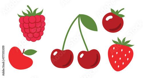 A vibrant collection of fresh, ripe raspberries, cherries, strawberries, and an apple, rendered in a simple, flat vector illustration style.