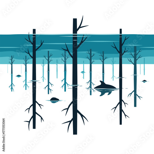 Minimalist illustration of a flooded forest with silhouetted trees partially submerged in water, featuring a shark fin and reflections.