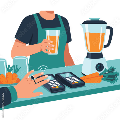 A customer uses a smart ring for contactless payment at a juice bar counter, buying a fresh carrot juice prepared by the server.