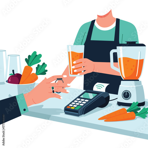 Customer uses smart devices for contactless payment to buy fresh juice at a healthy food store or juice bar, featuring modern payment technology.