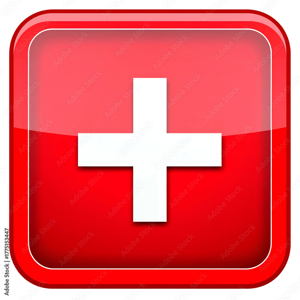 Fototapeta premium Shiny red square button with a white cross symbol, a medical and health concept