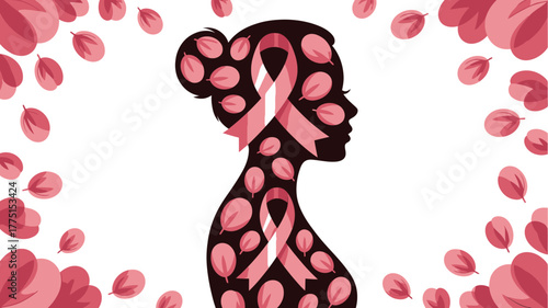 Pink Ribbon Inside Woman's Silhouette surrounded by Pink Cherry Petals on White Background