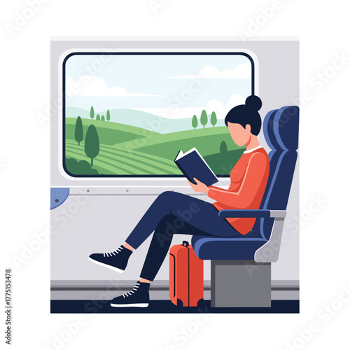 A woman enjoys a peaceful journey by train, reading a book while observing the beautiful green landscape passing by through the window.