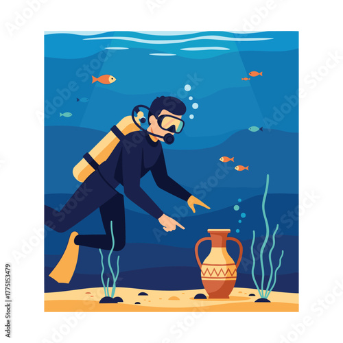 A diver explores the ocean floor, discovering an ancient amphora partially buried in the sand, surrounded by fish.
