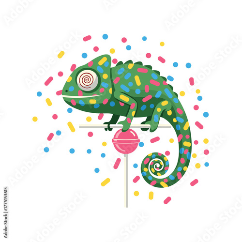 A whimsical green chameleon covered in vibrant candy sprinkles, with a swirly eye and tail, playfully holding a pink lollipop.