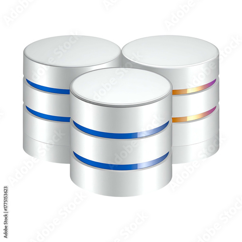 Three cylindrical data storage units with blue and orange accents against a black background