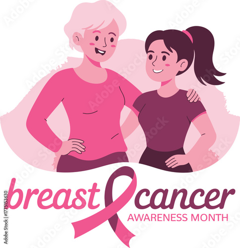 Two Women Supporting Breast Cancer Awareness Month with Ribbon and Text Art