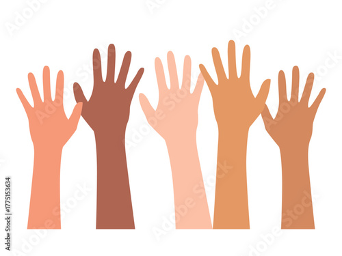 Diversity, Hands raised colorfully, multiethnic diverse hand raised