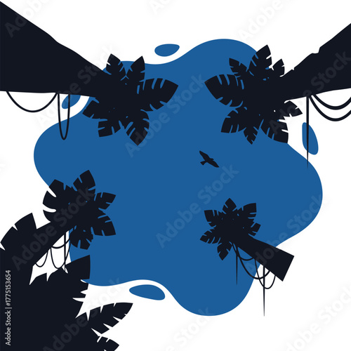 Minimalist aerial illustration of a vibrant tropical jungle oasis with dark palm trees, hanging vines, and a tranquil blue pool with a bird.