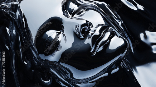 Abstract face portrait in liquid metallic chrome high resolution photos