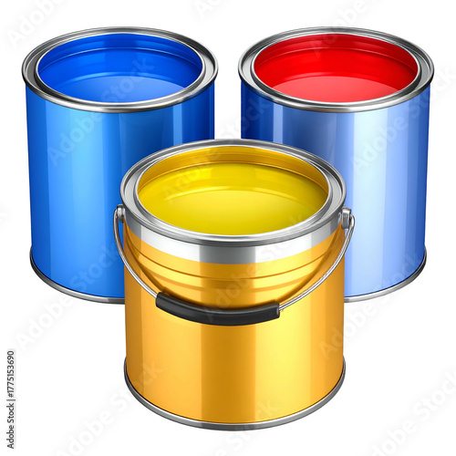Three open metal containers of vibrantly colored paint, arranged on a dark background