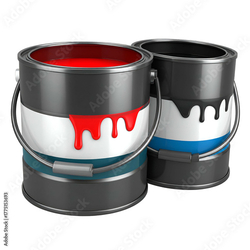 Two metal paint cans, one red, one black, with drips. White and blue bands