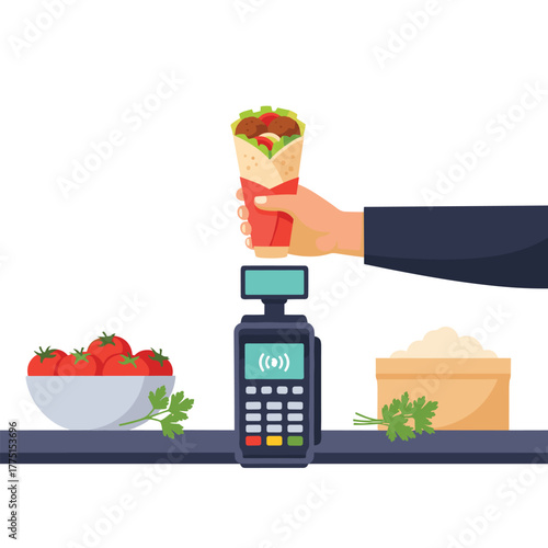 A hand holds a delicious falafel wrap over a contactless payment terminal, with fresh ingredients like tomatoes and flour on the counter.