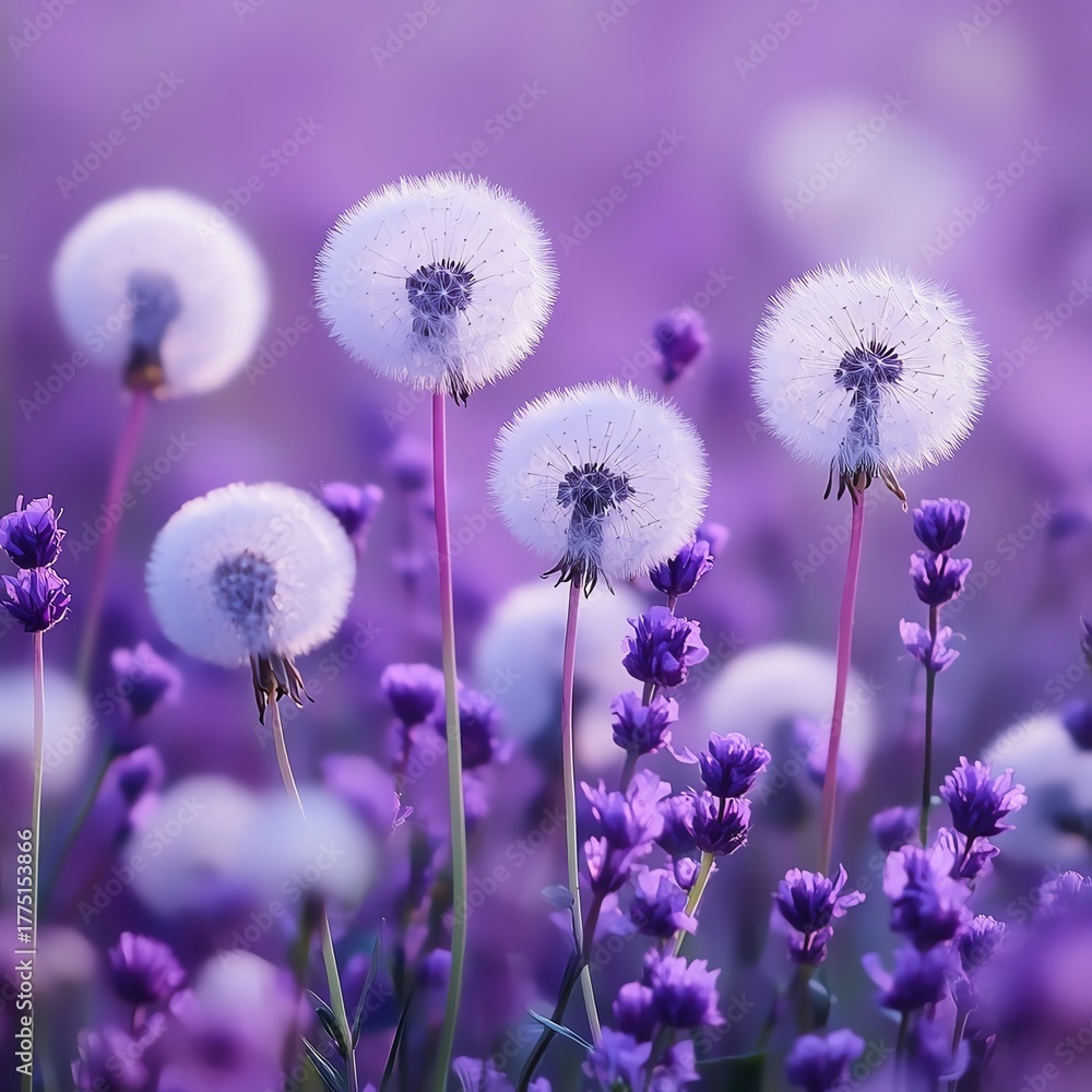 Fototapeta premium White Dandelion in Purple Flower Field Soft Light high resolution for isolate image