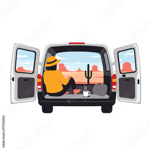 Solo traveler relaxing in a van, sipping a hot drink while admiring the vast desert landscape with mesas and a cactus.