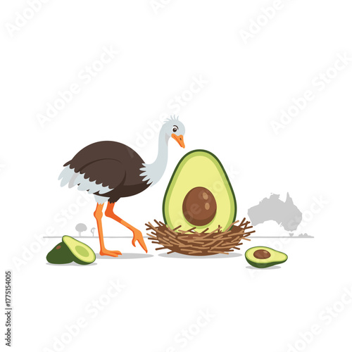 A curious emu stands by a large avocado half in a nest, with its seed resembling an egg, against a subtle background featuring Australia's map.