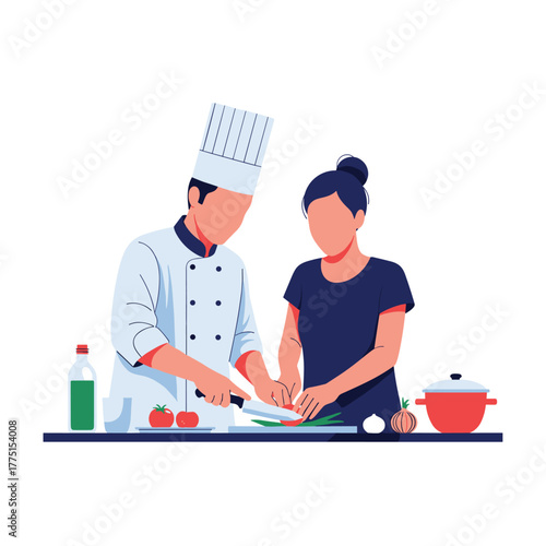 A professional chef and a woman are collaboratively preparing a healthy meal, chopping fresh vegetables on a kitchen counter.