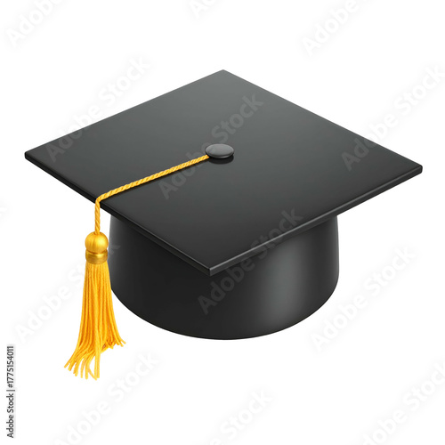3D Rendered black graduation cap with gold tassel on a transparent background