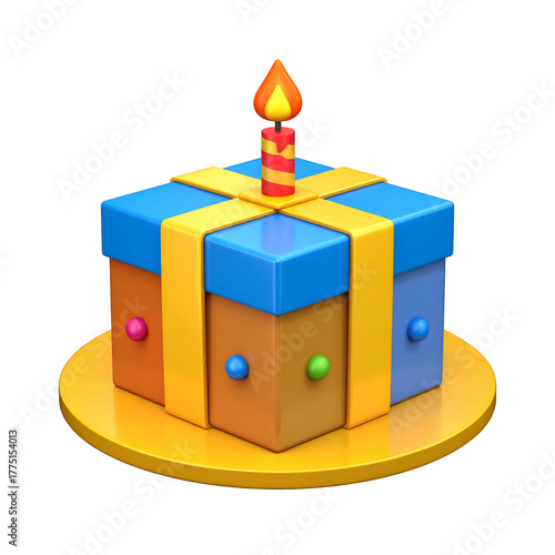 3D rendered birthday cake square box design, colorful, candle, on a golden stand