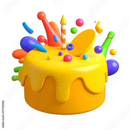 3D rendered birthday cake with floating party decorations, black background