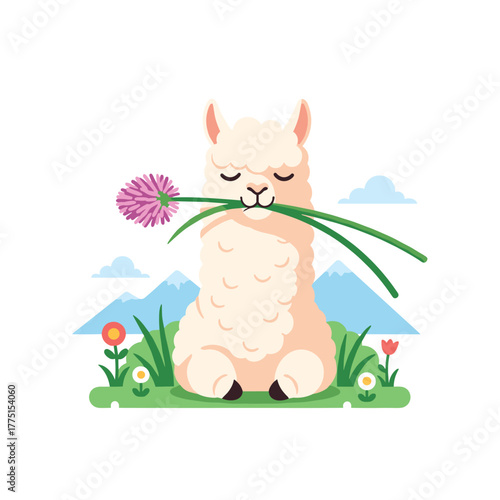 A charming fluffy llama sits peacefully in a vibrant meadow, holding a pink flower gently in its mouth, with serene mountains and clouds in the background.