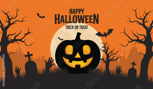 Halloween scene with pumpkin and graveyard