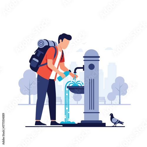 A traveler with a backpack responsibly refills his reusable water bottle at a city park's public drinking fountain, promoting sustainability.