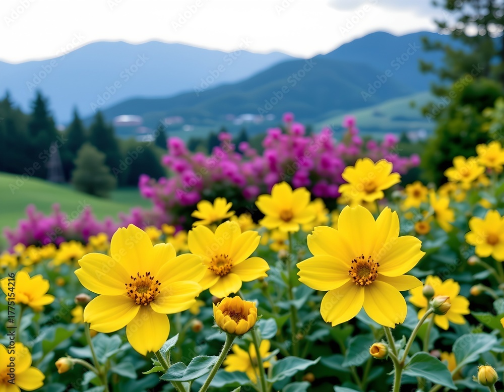 Obraz premium Serene Flower Field with Mountain Backdrop