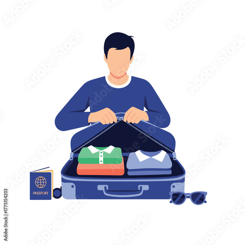A man is meticulously packing his suitcase with folded clothes, a passport, and sunglasses, getting ready for a trip or vacation.