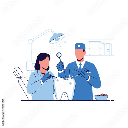 Two dentists, a man and a woman, are working together to inspect and clean a large, bright white tooth in a professional dental clinic setting.