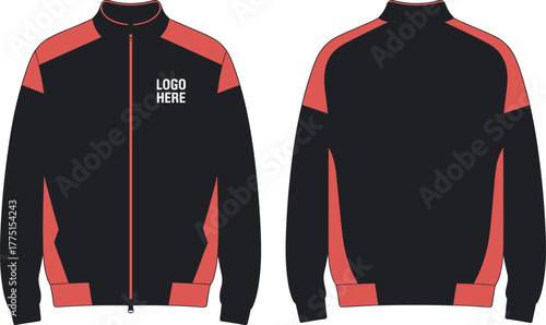 Black and red zip-up jacket front and back view, customizable sportswear design template, unisex athletic apparel, modern fashion outerwear illustration