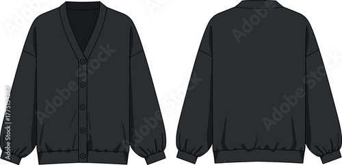 Black cardigan sketch, V-neck design, button front, ribbed cuffs, ribbed hem, long sleeves, fashion illustration, garment design, apparel construction, knitwear