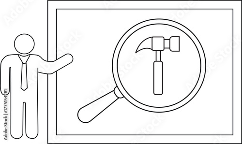 A figure gestures towards a magnified hammer in a rectangular frame
