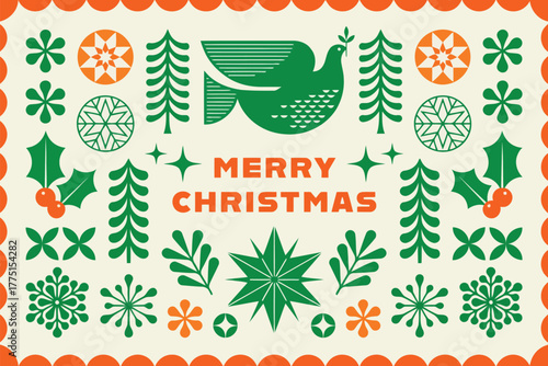 Festive christmas folk art pattern with dove and holly