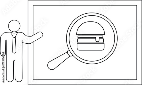 A figure gestures toward a whiteboard displaying a burger under a magnifying glass