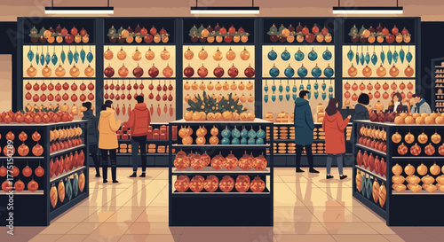 Christmas ornament display in a retail store featuring colorful decorations and shoppers perfect for holiday marketing and seasonal promotions