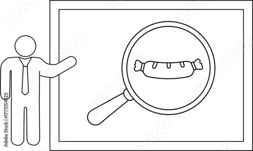 A man presents a board showcasing a sausage under a magnifying glass